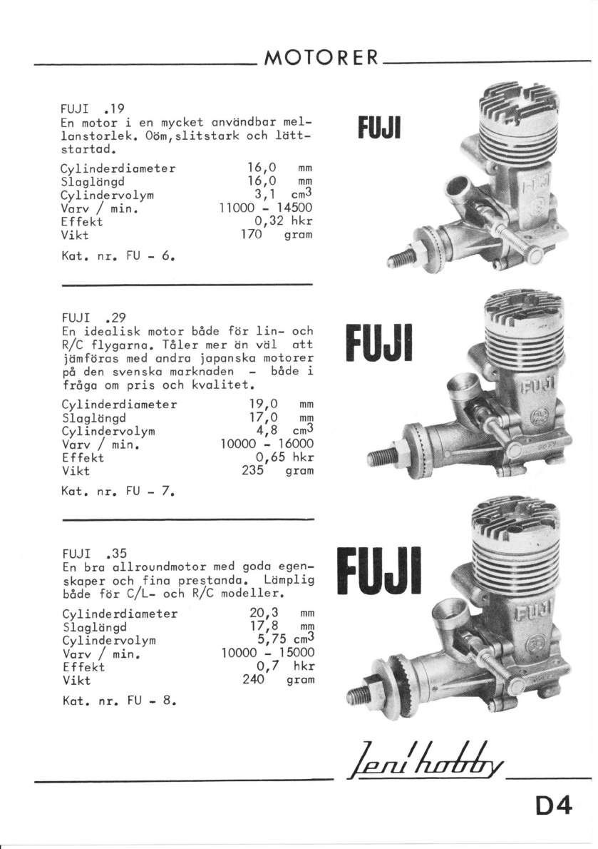 OTORER FUJI.19 En motor i en mycket onvöndbor mellonstorlek. 0öm,slitstork och luttstortod. Cyl inde rd iomete r Slogltingd Cyl inde rvolym Vorv / min. Effekt vikt Kot. nr. FU - 6. 16,O mm 16.