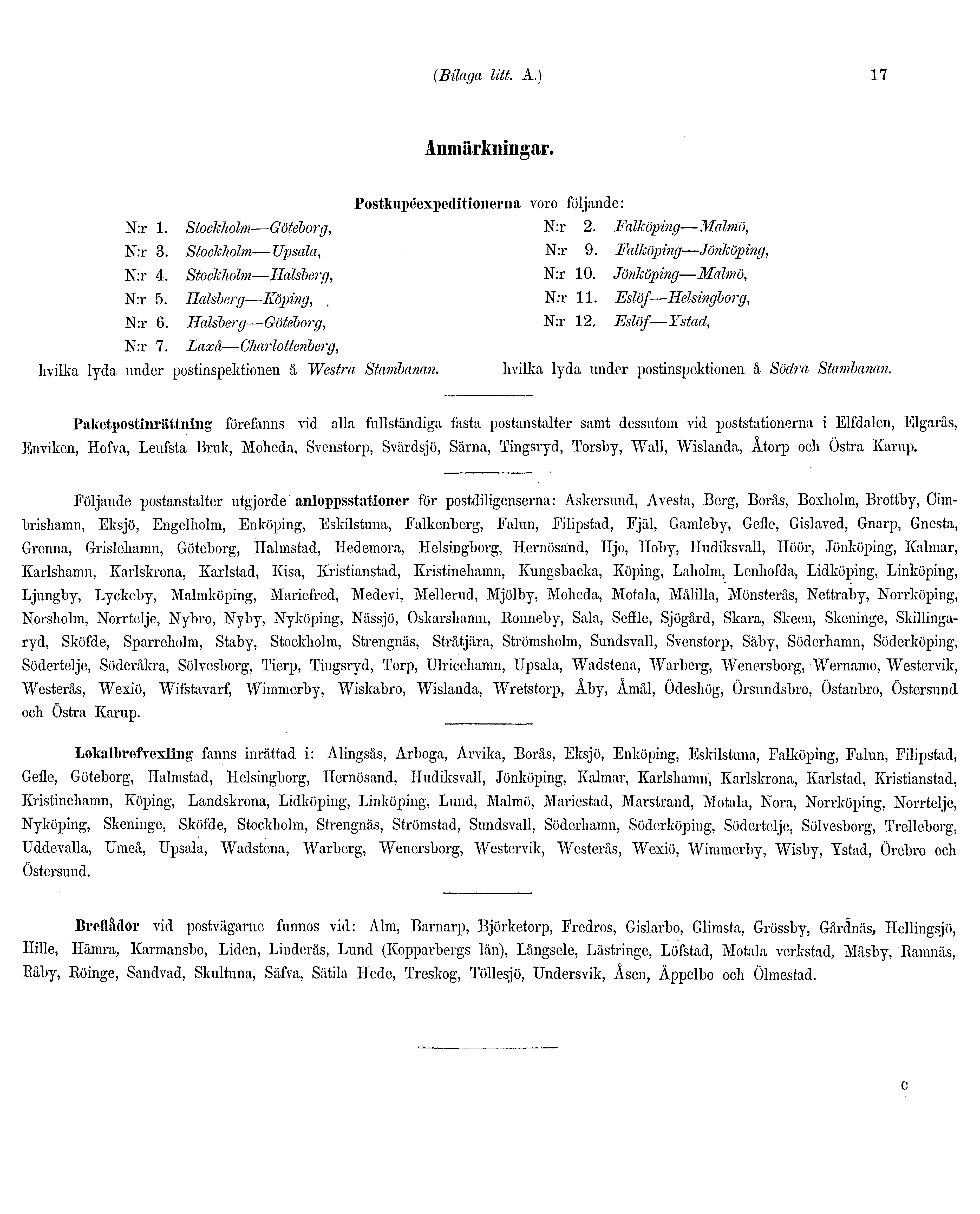 (Bilaga litt. A.) 17 Anmärkningar. Postkupéexpeclitionerna voro följande: N:r 1. Stockholm Göteborg, N:r 2. Falköpi?ig Malmö, N:r 3. Stockholm Upsala, N:r 9. Falköping Jönköping, N:r 4.