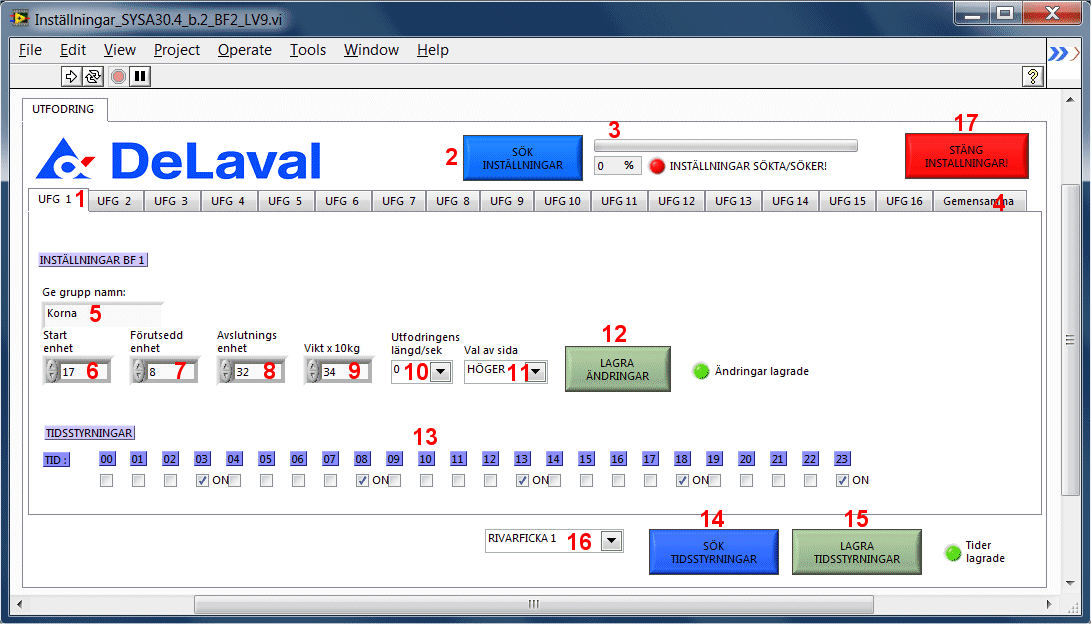 Manual för inställningar av utfodringsparametrar BF=Bandfoderfördelare RF=Rivarficka Grupp parametrar Kommentarer: OBS!