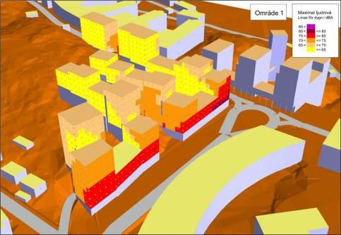 Planbeskrivning Norra Nacka strand 38 (70) Ekvivalentnivåer vid fasad. Bild: ÅF Maximalnivåer vid fasad.