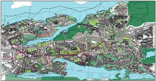 Planbeskrivning Norra Nacka strand 47 (70) Utvecklad strukturplan för västra Sicklaön, Nacka Stad. Utsnitt från den utvecklade strukturplanen, förstoring över Nacka strand.