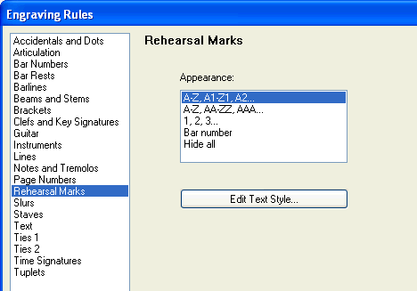 1 Välj House Style, Engraving Rules. 2 Klicka på avdelningen Rehersal Marks. 3 Välj vilket format du vill använda för repetitionsmärken i detta partitur. 4 Klicka på knappen OK.