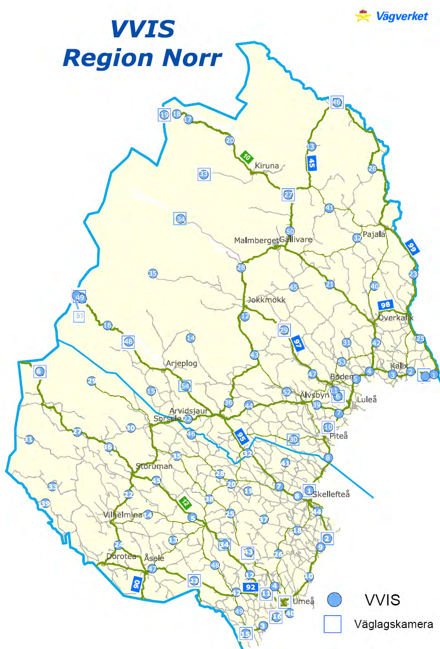 Figur 4-2 Karta över Region Norrs mätstationer. De blå cirklarna representerar mätstationer och de vita fyrkanterna representerar väglagskameror (www.vv.se). 4.2 FÖRUTSÄTTNINGAR OCH GENOMFÖRANDE Utskiftningsdjupen har tagits fram med hjälp av programmet PMS-Objekt.