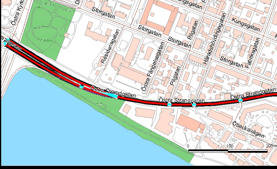 81 På markerade sträckor på Östra Strandgatan enligt kartbild