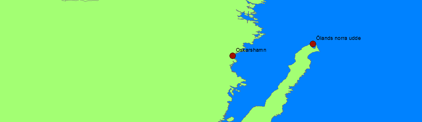 Figur 1. Kartbild över de vattenståndsstationer som användes i analysen. Kungsholmsfort i Blekinge används för att ta fram resultat för södra länet.