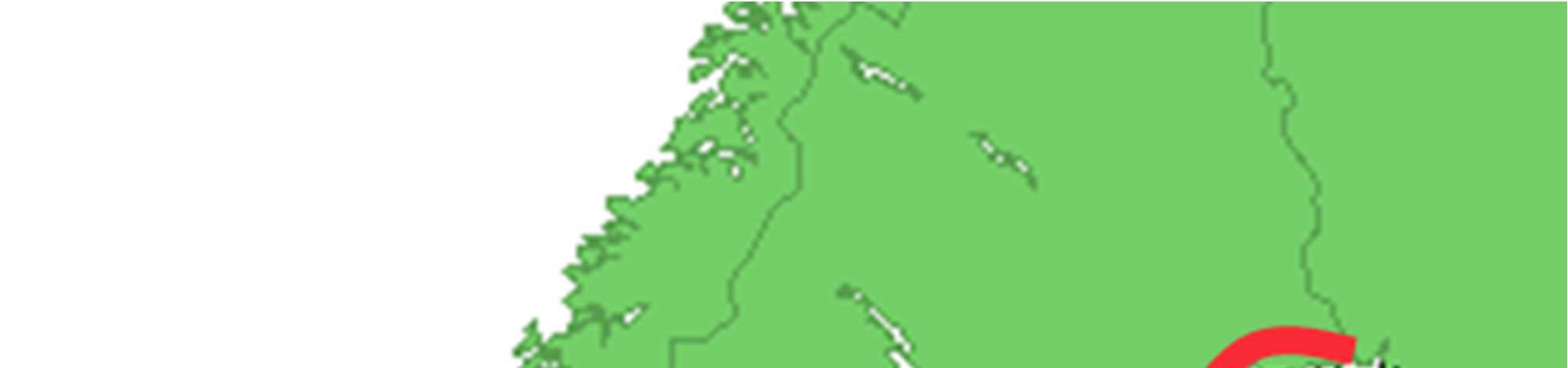 vattenstånd, och en vind (röd pil) som skapar höga vattenstånd i södra Kalmar.