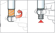 Håll rakt upp Injektionsknapp Ta av nålskyddet genom att dra rakt ut. Vrid INTE. Du kan se några vätskedroppar på nålen eller i nålskyddet. DR Injicera läkemedlet. Stick in nålen i huden (subkutant).