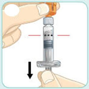 Knackandet hjälper läkemedlet att droppa ned längs med sidorna på injektionsflaskan. Det är ok om det förekommer luftbubblor. 3g Dra ned kolvstången förbi den svarta streckade doslinjen.