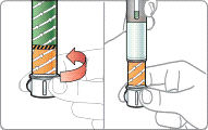 Kombinera läkemedlet. Håll injektionspennan rakt upp med nålskyddet överst och vrid ratten långsamt moturs.