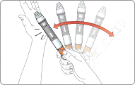 Håll injektionspennan i änden med det orange bandet och knacka injektionspennan hårt mot handflatan.
