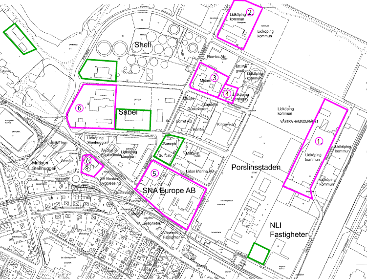 1. Vestas Castings 2. Lidköpings Reningsverk 3. Micore Plast AB 4. Lidköpings Värmeverk 5. SNA Europé AB 6. E. Sabel AB 7. St1 Figur 2.3. Verksamheter i Västra Hamnen som under 2010 hanterade större (lila markering) respektive mindre (grön markering) mängder farliga ämnen /1 /.