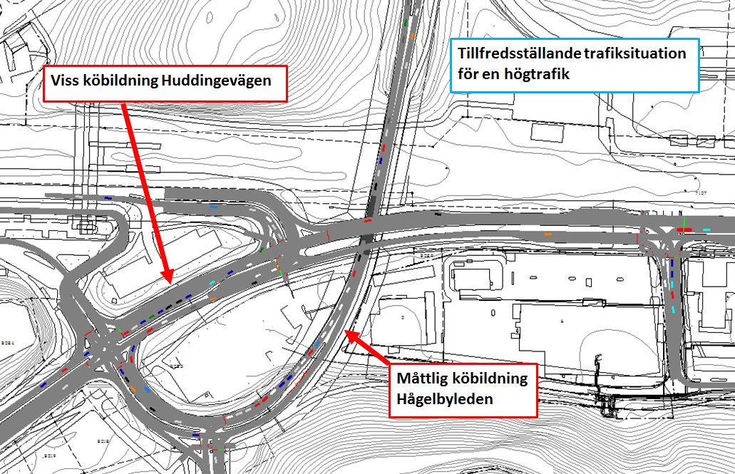 Figur 5. Ögonblicksbild från simulering av EM-max 2013 med exploatering av ABC 4.1.4 Scenario EM-max 2020 Trafiksystemet blir överbelastat med de uppräknade trafikmängderna för 2020.