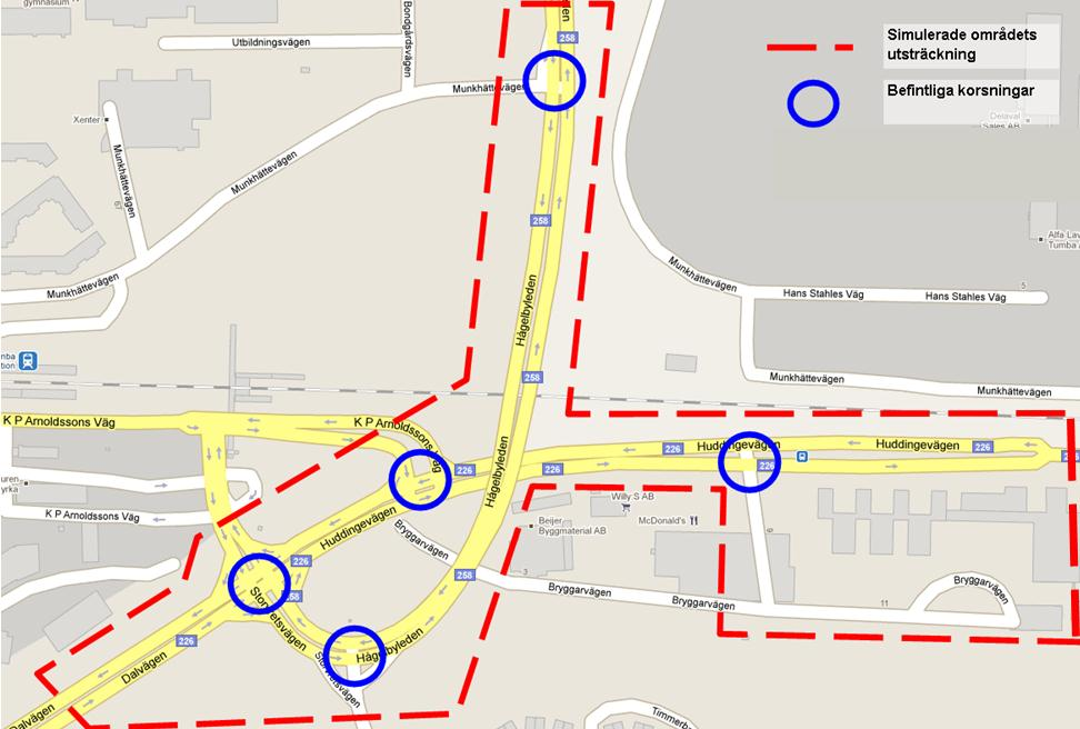 Figur 1. Modellens utsträckning. Bildkälla: Google Maps Trafiknätet är kodat enligt befintlig utformning, om inget annat anges i scenariobeskrivningen.