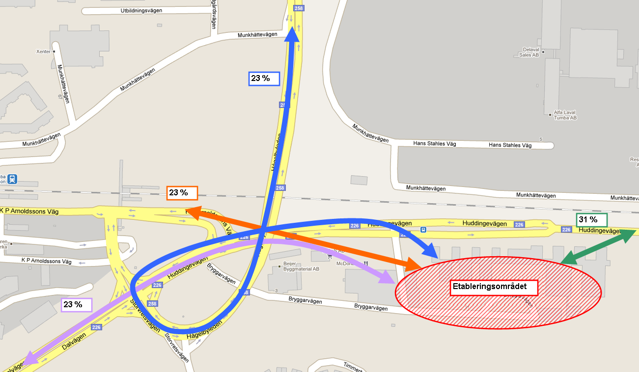 in och 50 % ut för handeln, samt 60 % in och 40 % ut för tennis/gym. Alstringen antas fördela sig på områden enligt Figur 2 nedan. Ca 30 % antas färdas österut, och 70 % västerut.