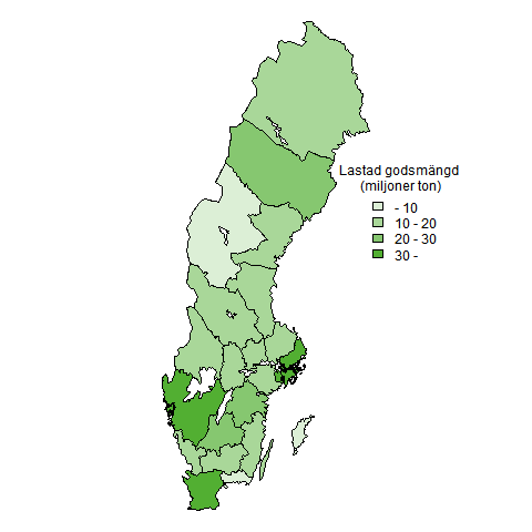 sett stor andel lastat gods med destination utanför länsgränsen under året var Blekinge, Örebro och Jönköpings län. Här lossades mindre än 60 procent av det lastade godset i samma län. Figur 1.
