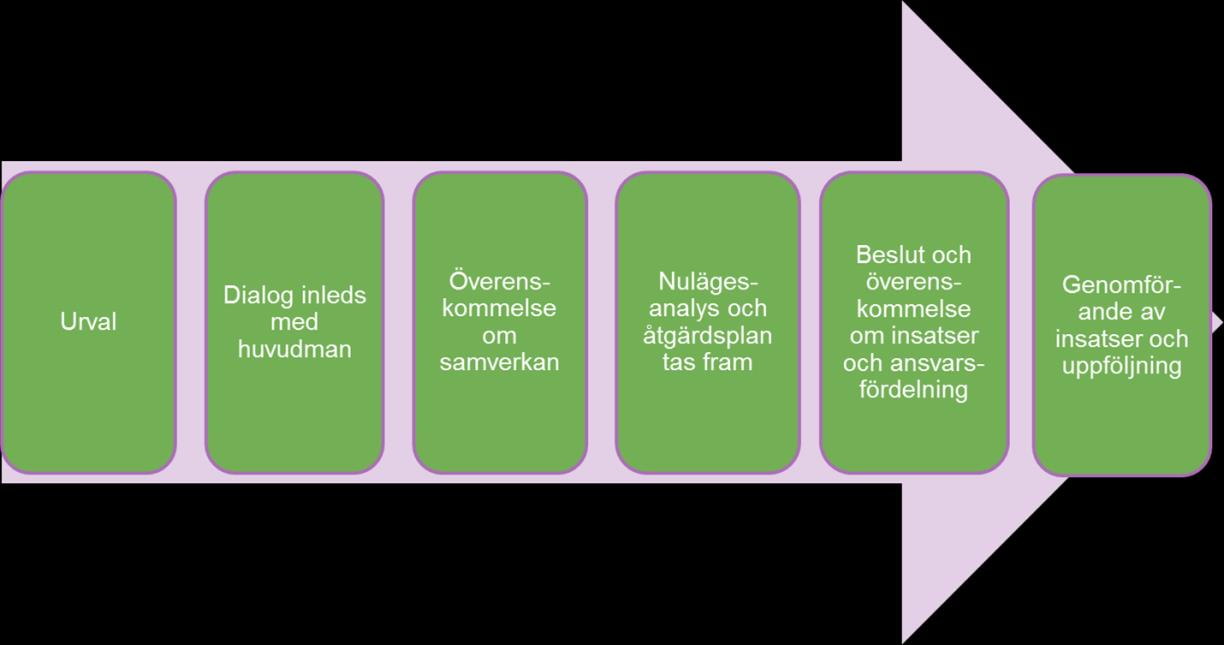 18 (39) Då ett urval skett med utgångspunkt i Skolinspektionens underlag, initieras samverkan genom att Skolverkets team tar kontakt och påbörjar en dialog med huvudmannen.