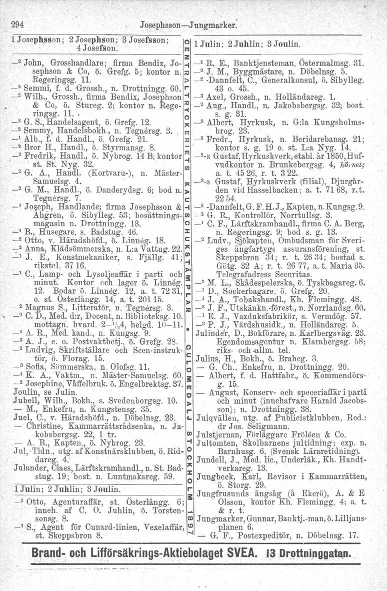 2~4 Josephssön-i-Jungmarker. 1 Josephsson: 2 Josephson; 3 Josefsson; o lj 4 Josefson.!Yl l' u m; 2J hl' u m; 3 Joulin. -- Z--.. _2 John, Grosshandlare; firma Bendix, J 0- oj _1 R. E.