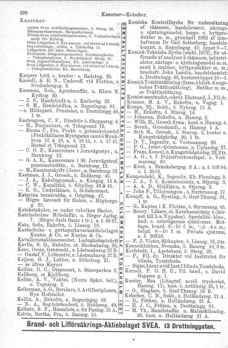 .298 " Kaserner-Ketscher. Kaserner: (,0 Kemiska ~.?ntrol1byrån för nnders~k.ning Andra Svea Artilleriregementes, ö. Storg. 33. L /II af ~aa~nen, handelsvaror, narrngs- Bätsmanskasernen, Skeppsholmen.