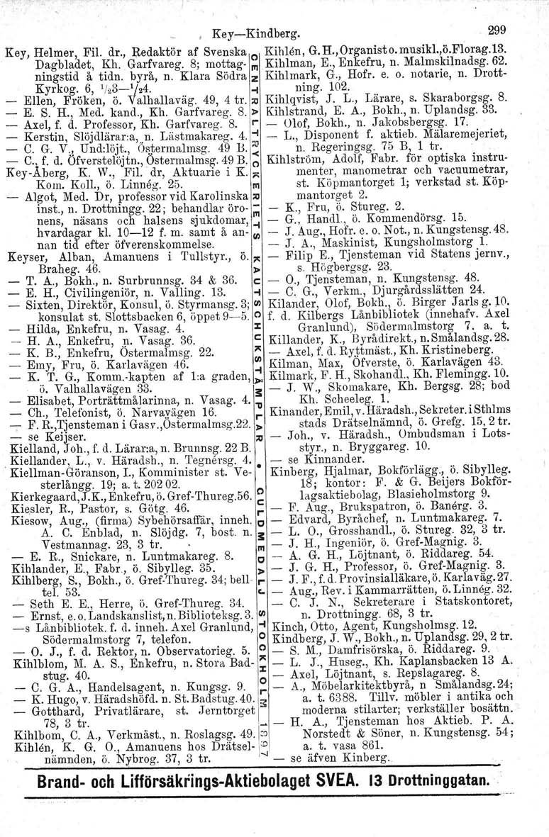 , Key-Kindberg. 299 Key, Helmer, Fil. dr., Redaktör af Svenska () Kihlen, G.H.,Organisto.musikl.,ö.Florag.13. Dagbladet, Kh. Garfvareg. 8; mottag- III Kihlman, E., Enkefru, n. Malmskilnadsg. 62.