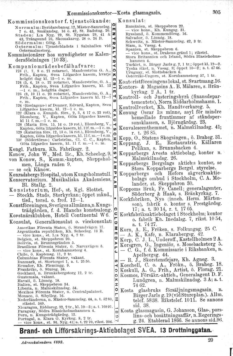 Kommissionskontor-Kosta glasmagasin. ~05 Kommissionskontor f. tjenstsökande: Konsulat: N orrm al ffi: Beridarebansg. 12,Mäster-Samuelsg. O Rumänien, st. Skeppsbron 22. 7 o. 45, Smålandsg. 16 o.