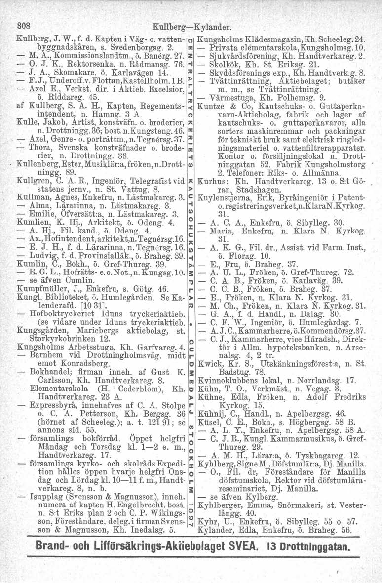 308 Kullberg-Kylander. Kullberg, J. W., f. d. Kapten i Väg- o. vatten- e Kungsholms Klädesmagasin,Kh. Scheeleg.24. byggnadskåren, s. Svedenborgag. 2. m - Privata elementarskola, Kungsholmsg. 10. - M.