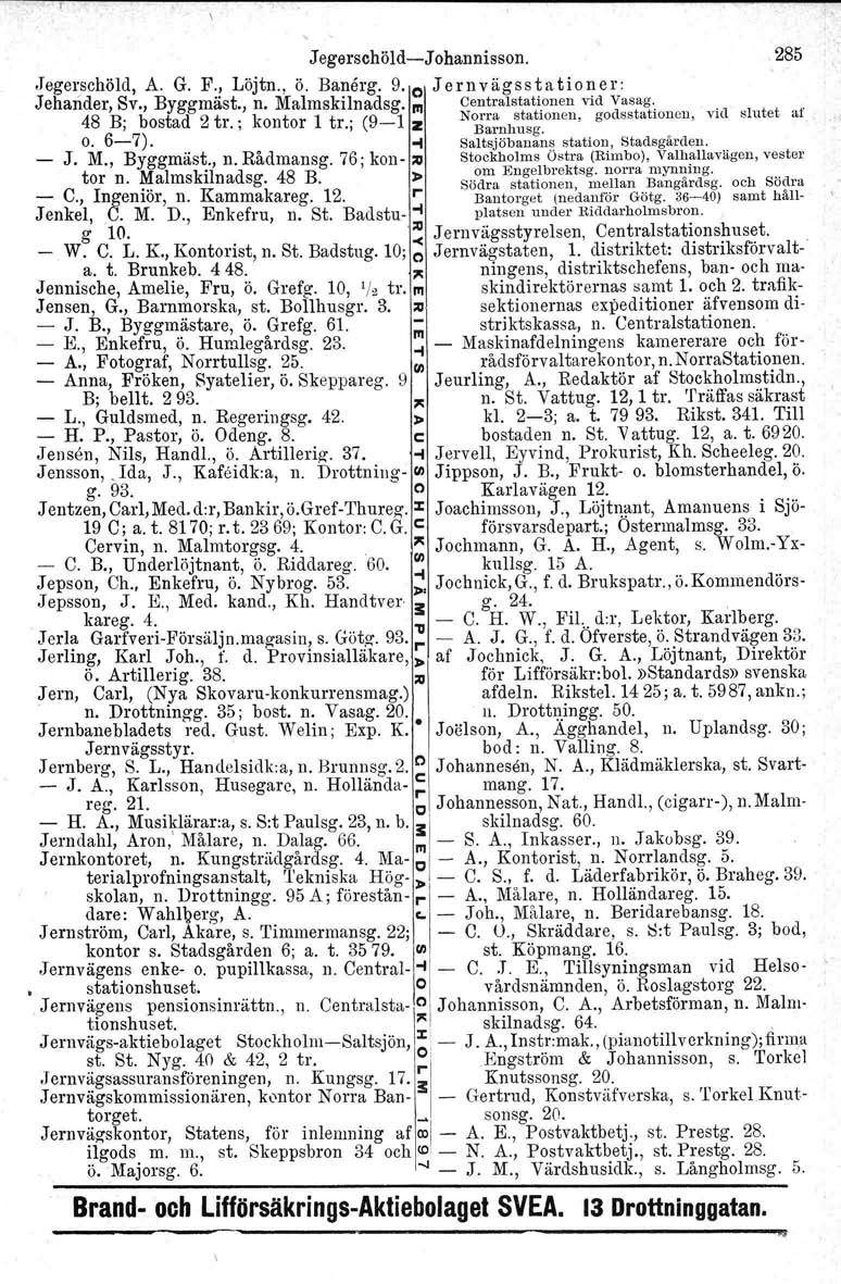 0'0 " Sodra J egerschöld-j ohannisson. 285 Jegerschöld, A. G. F., Löjtn., ö. Banärg. 9. o Jernvägsstationer: Jeharider, Sv., Byggmäst., n. Malmskilnadsg. III Centralstationen vid Vasag.