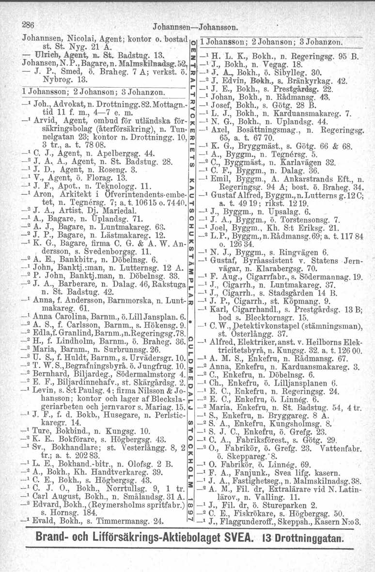 286 Johannsen-Johansson. Johannsen, Nicolai, Agent; kontor o. bostad o 1 Johansson' 2 Johanson; 3 Johanzon. st. St. Nyg. 21 A.. m'------'------------ - Ulrich, Agent, n. St. Badstug. 13.. z _1 H.L.