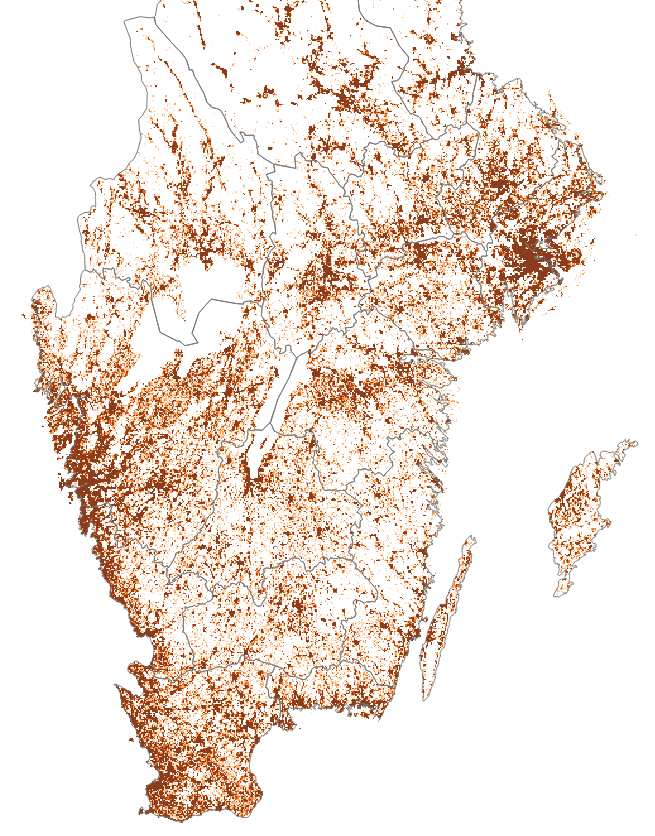 Nationella emissioner från färganvändning är beräknade baserat på nationell statistik från Kemikalieinspektionen (KemI). Geografisk fördelning av emissioner görs efter befolkningstäthet (se Figur 4).