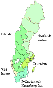 Figur 8. Regional indelning för statistik över fritidsbåtar. Figur 9. Fördelningen av emissioner från småbåtar. Gul och grön färg markerar höga emissioner och blå färg låga emissioner.