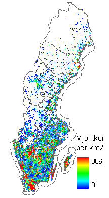 Figur 10. Exempel över fördelningen av antal mjölkkor per km 2 baserat på Jordbruksverkets statistik. Figur 11. Exempel över antal hästar per km 2 baserat på Jordbruksverkets statistik.