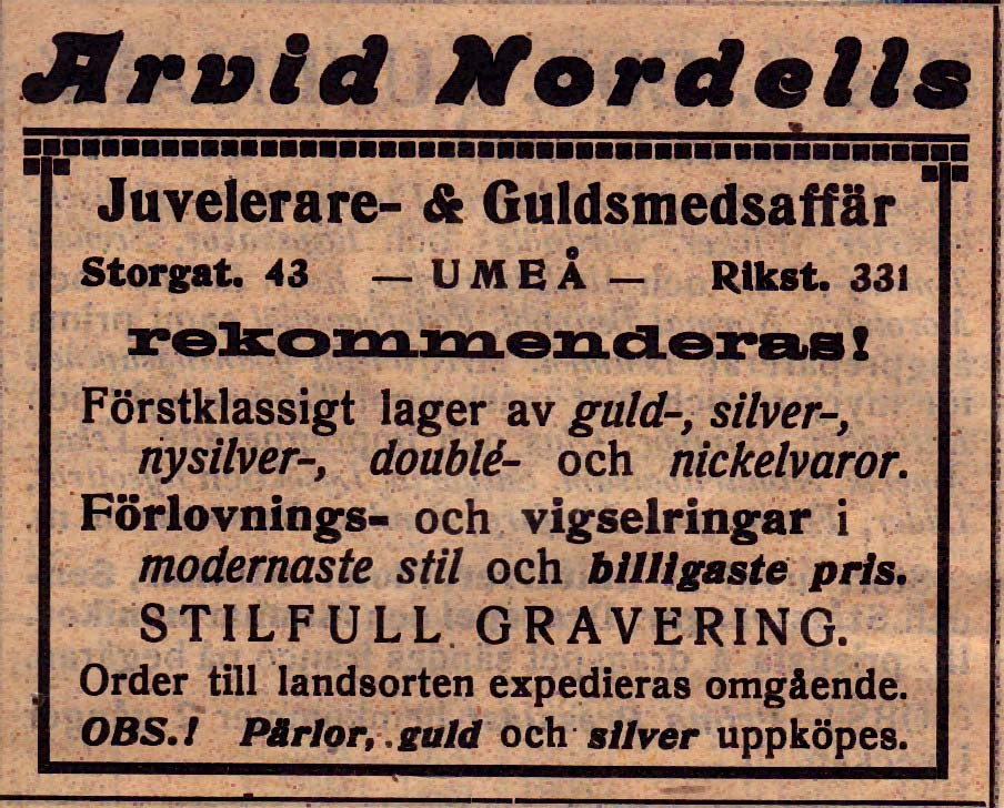 331 1916 Nordells Juvelerare & Guldsmedsaffär, Arvid