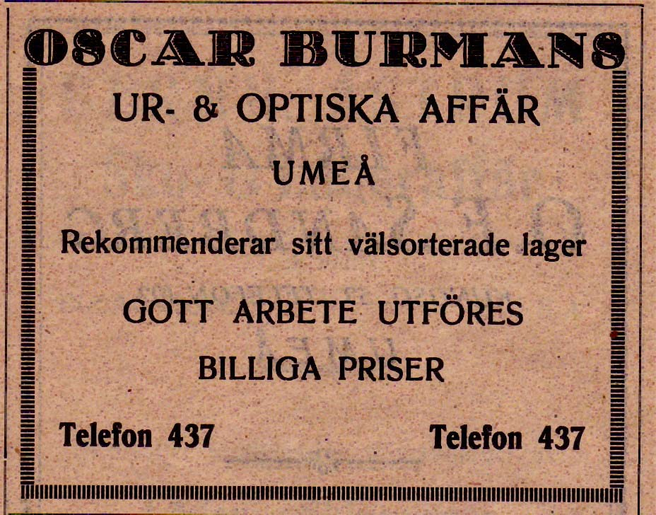 6 Burmans Ur & Optiska Affär, Oskar Kungsgatan 65 Tel.