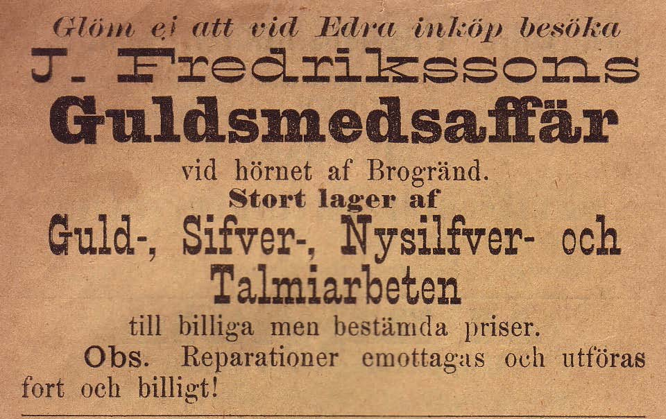 Josefina Johansdotter f 1872 Guld & Gravyr Kungsgatan 47 B Tel.