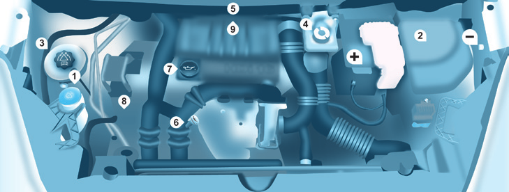 Under motorhuven 126 Dieselmotor Iakta alltid stor försiktighet vid åtgärder i motorrummet. 1. Spolarvätskebehållare för vindrutan. 2. Säkringshållare. 3. Behållare för kylarvätska. 4.