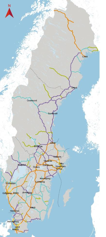 Bantyper Bantyp Spårkilometer Tågkilometer 2015 1 Banor inom storstadsområden 1 362 33 151 576 2 Banor som bildar större sammanhängande stråk 4 751 67 868 596