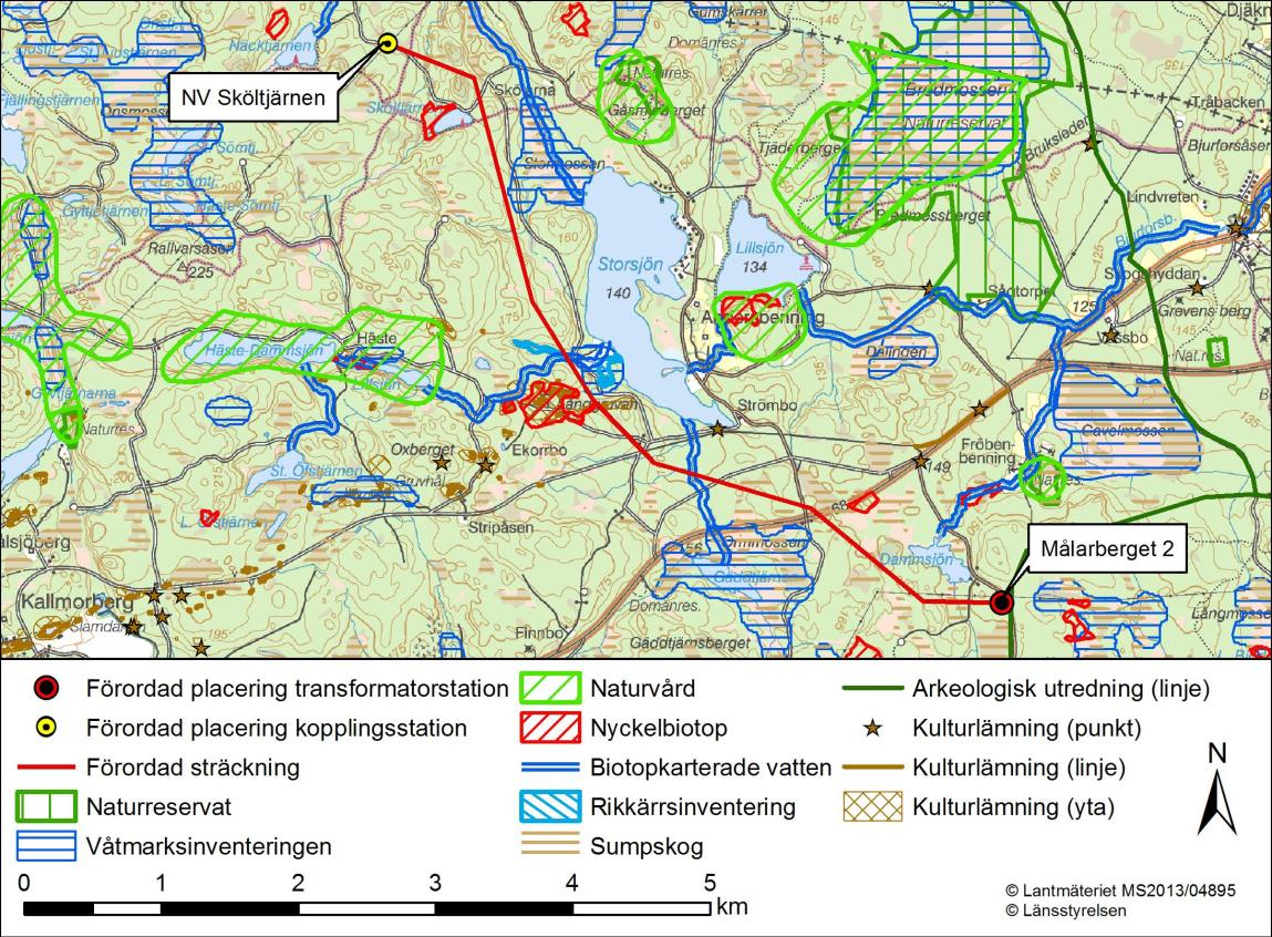 Figur 4. Förordad sträckning inom stråk 2A och 1B samt utpekade intressen. Denna samrådsredogörelse är upprättad av Sweco Energuide på uppdrag av Vattenfall Eldistribution AB.