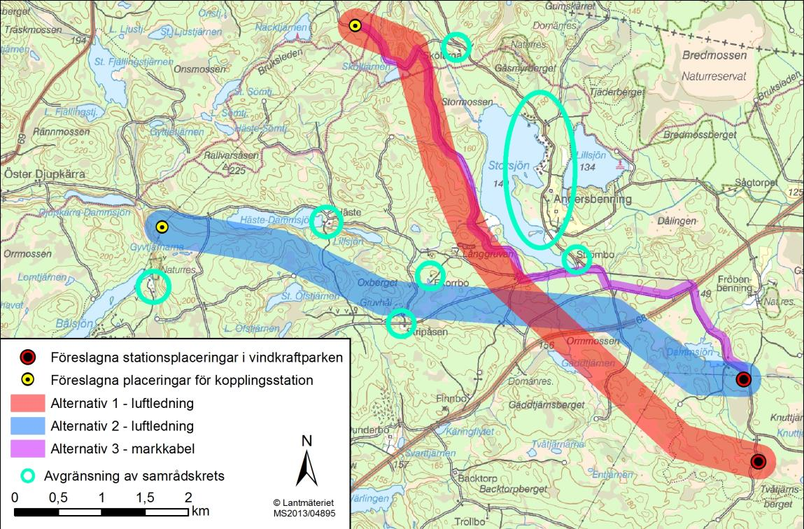 Figur 1. Utbredning av samrådskretsen i genomfört stråksamråd för planerad anslutningsledning till vindkraftpark Målarberget.