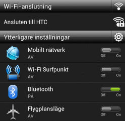 Använda Snabbinställningar På fliken Snabbinställningar kan du enkelt aktivera Wi Fi, Bluetooth, GPS med mera och även använda en genväg till alla inställningar i HTC Incredible S. 1.