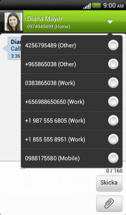 51 Meddelanden Skicka svar till ett annat av kontaktens telefonnummer När en kontakt har flera telefonnummer lagrade i HTC Incredible S visas just det telefonnummer som används under kontaktens namn.