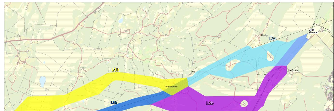 2.1 Luftledningsstråk Studerade luftledningsstråk har delats upp i delstråk enligt Figur 2. Berörda natur- och kulturmiljöer framgår av Bilaga A. L2a L1b L1a L2b Figur 2.