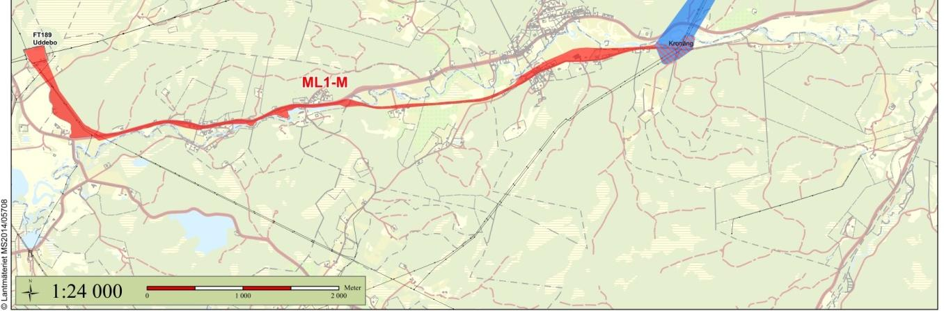 Översikt över det kombinerade markkabel-luftledningsstråket mellan stationerna Uddebo och Tranemo.