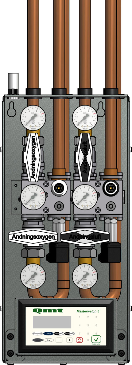 (standard) eller signalmanometer (tillval) 4 Gasuttag (reservgasanslutning) 5 Manometer för utloppstryck 6 Nödförsörjningsventil 7