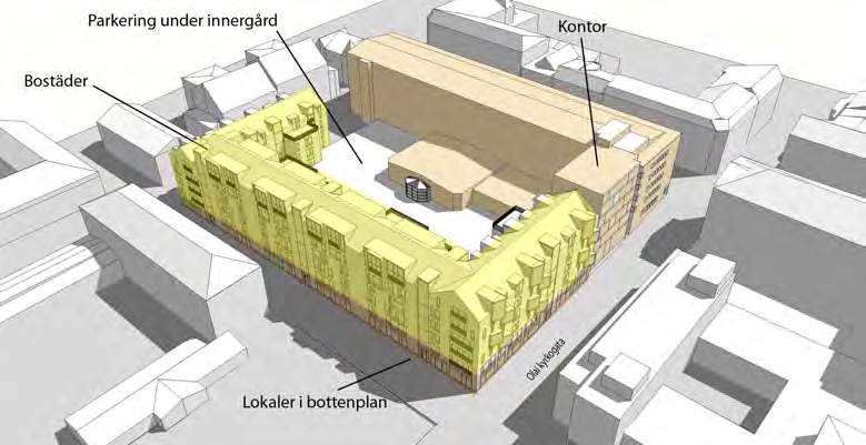 11(18) Principskiss över ny bebyggelse i kvarteret Rosen. Förvaltningshuset Rosen kan byggas till med en ny byggnadsdel mot Olai Kyrkogata.