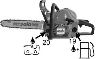 Instruktioner för nya sågkedjor: Placera en ny kedja i ett tråg med kedjeolja innan den monteras. Fig. 2 (643IP) 5.2 Ställa in kedjesträckning Lossa svärdskyddets (12) fästmuttrar resp.