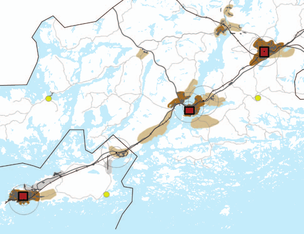 UTVECKLANDE AV BANDSTADEN HANGÖ RASEBORG Zonens stadscentrum utvecklas som bosättnings-, pendlings- och servicekoncentrationer samt som trafikknutpunkter.