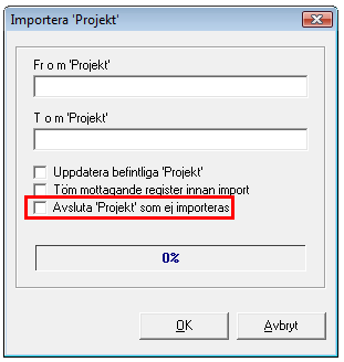 FLEX Tidredovisning Användarmeddelande (maj 2013) 11 Utökad funktionalitet i projektimport Projektimporten (Servicerutiner Import av Projekt ) har utökats