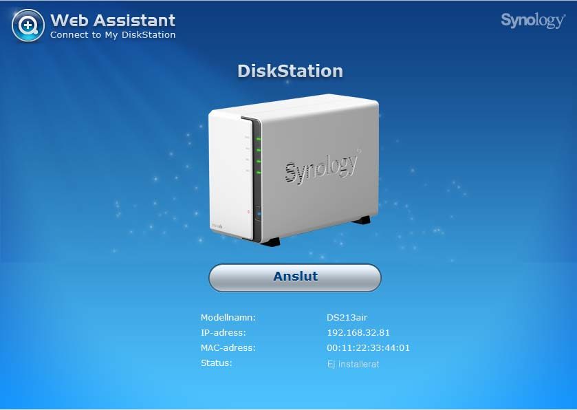 Installera via trdåbunden Ethernet-anslutning: 1 Starta DiskStation och anslut den till en router (med Internetåtkomst).