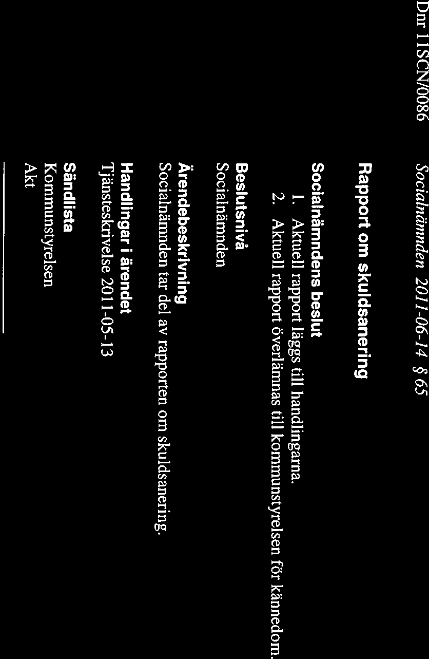 VÄRMDÖ KOMMUN SAMMANTRÄDESPROTOKOLL Sid 18 av 20 Dnr 1 1SCN/0086 65 Rapport om skuldsanering s beslut 1. uell rapport läggs till handlingarna. 2. uell rapport överlämnas till kommunstyrelsen för kännedom.