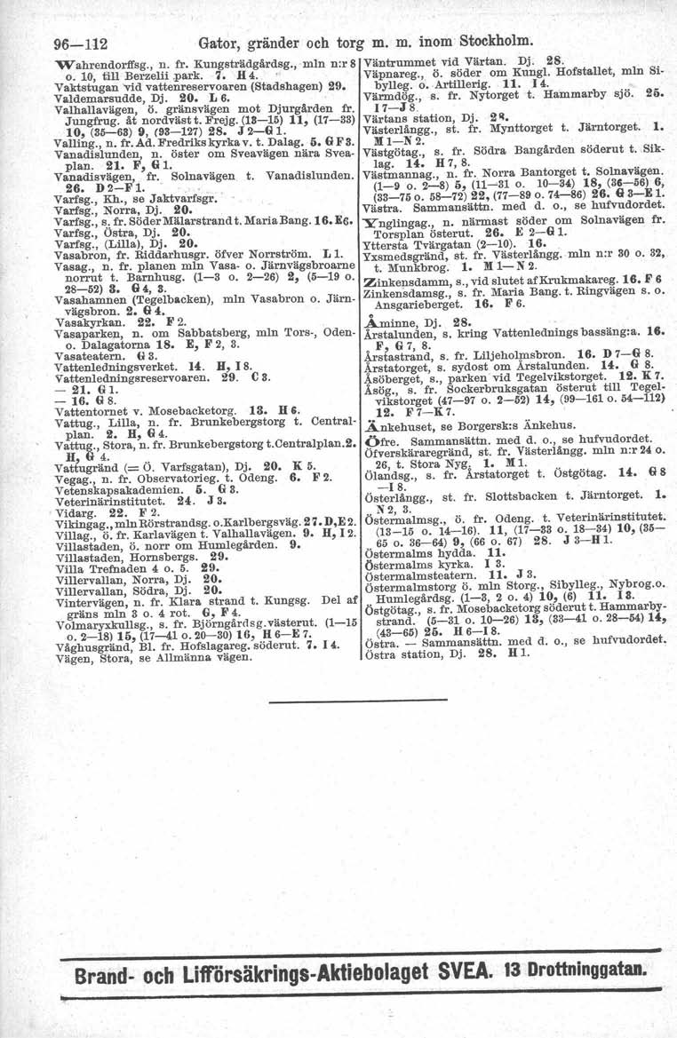 96-112 Gator, gränder och torg m. m. inom Stockholm. W-ahrendorffsg., n. fr. Kungsträdgårdsg., mln n:r 8 Väntrummet vid Värtan. Dj. 28. o. 10, till ~erzelii.park. 1. H 4.. Väpnareg., Ö.