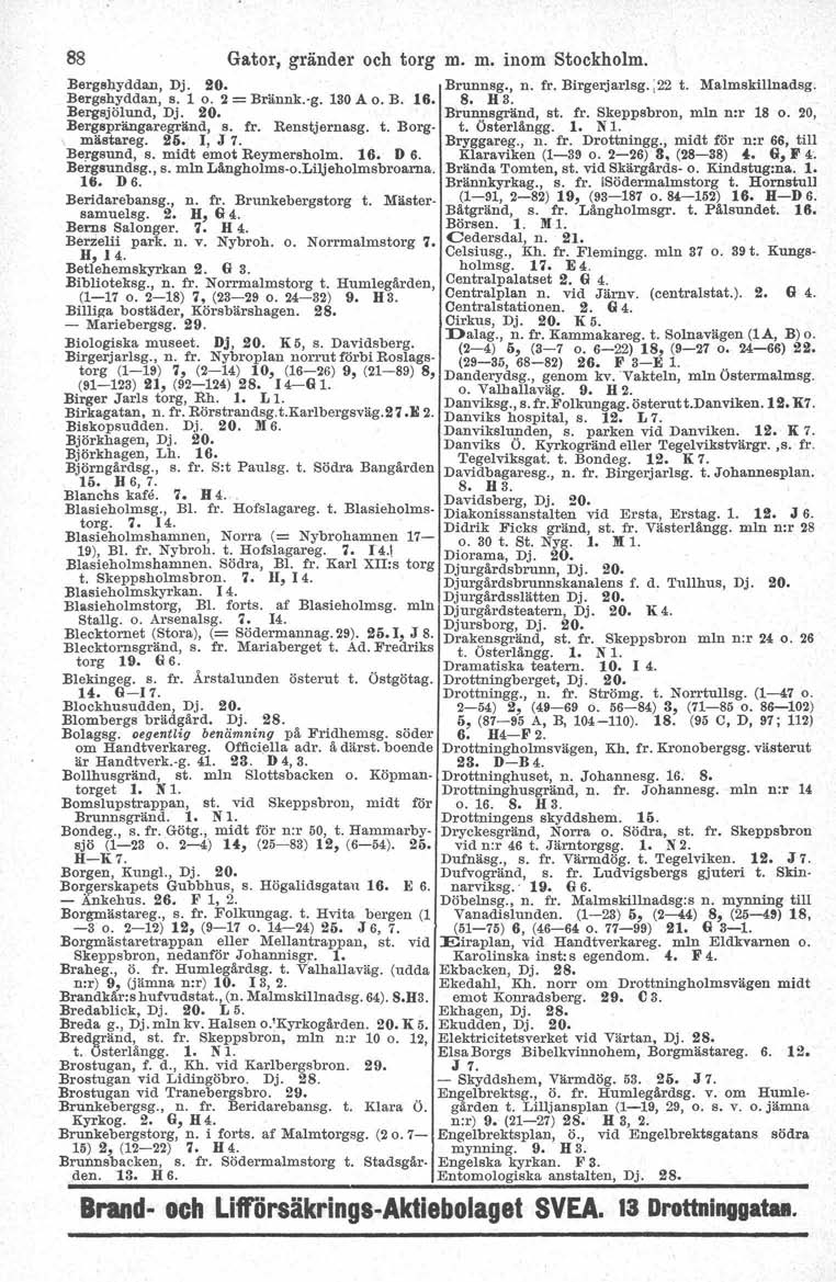 88 Gator, gränder och torg Bergshyddan, Dj. 20. Bergehyddan, s. 1 o. 2 = Bränns-g. 130A o. Bo 16. Bergsjöiund, Dj. 20. Bergsprängaregränd, s. fr. Renstjernasg. t. Borg. mästareg. 26. I, J 7.